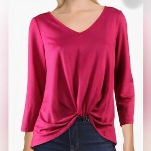 Status by Chenault Womens V Neck 3/4 Sleeve Knot Front Top Magenta Size L